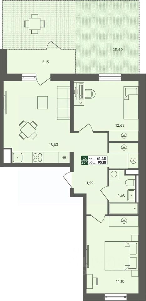 2-комн.кв., 95,2 м², 1/7 этаж