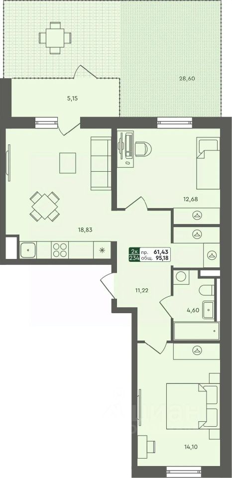 2-комн.кв., 95,2 м², 1/7 этаж