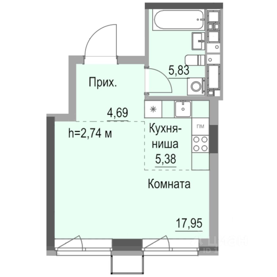Студия, 33,8 м², 4/23 этаж