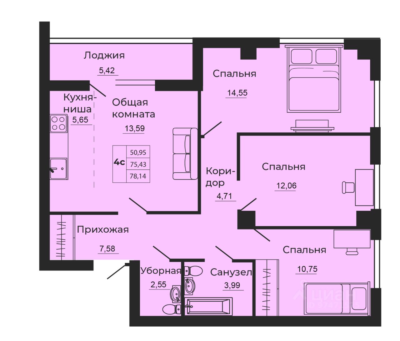 4-комн.кв., 78,1 м², 2/24 этаж