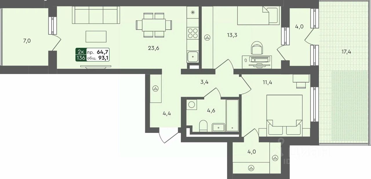 2-комн.кв., 93,1 м², 1/4 этаж