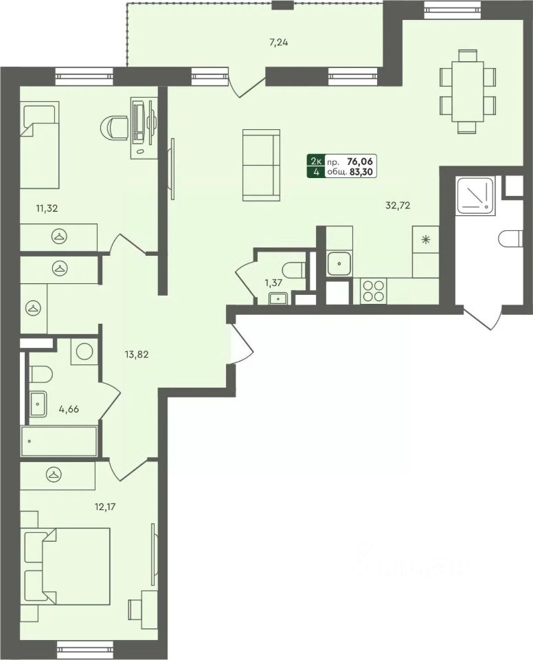 2-комн.кв., 83,3 м², 1/7 этаж