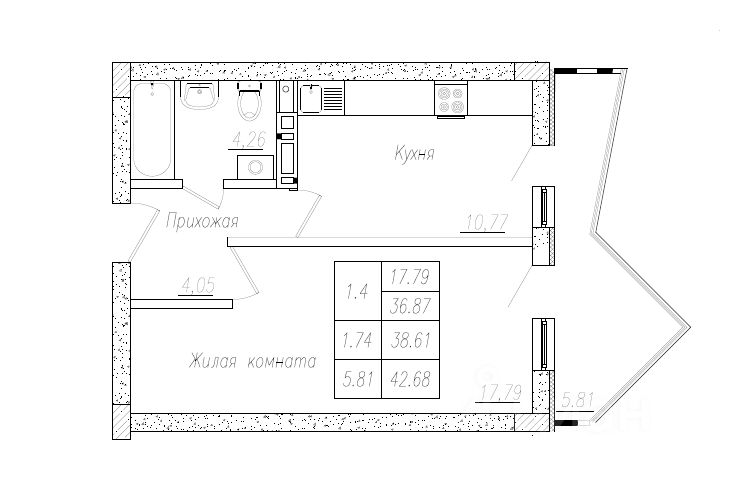 1-комн.кв., 38,5 м², 2/8 этаж