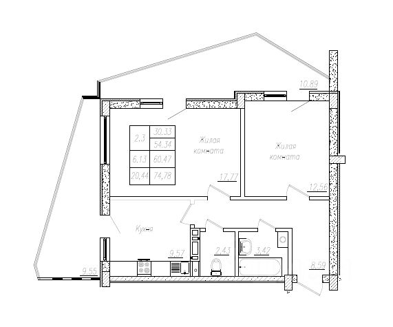 2-комн.кв., 60,7 м², 3/8 этаж