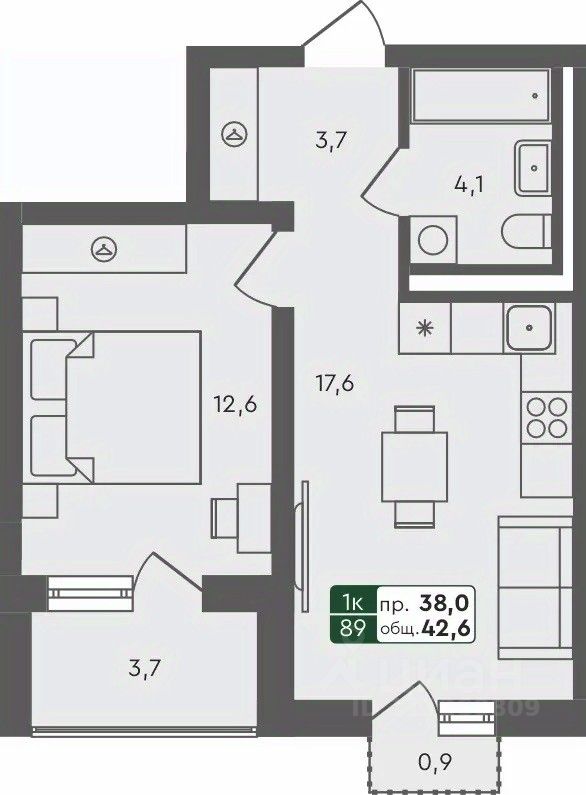 1-комн.кв., 42,6 м², 2/4 этаж