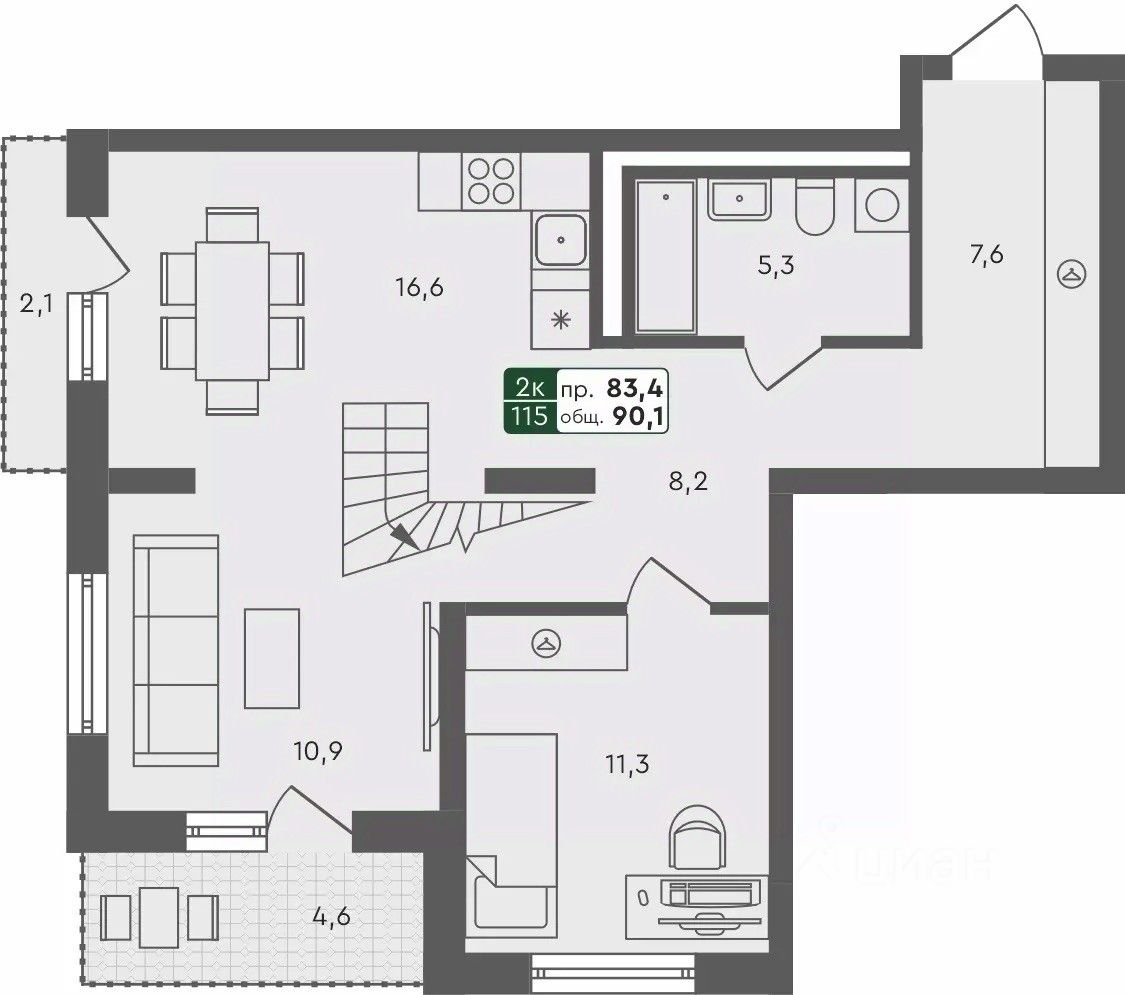 2-комн.кв., 90,1 м², 4/4 этаж