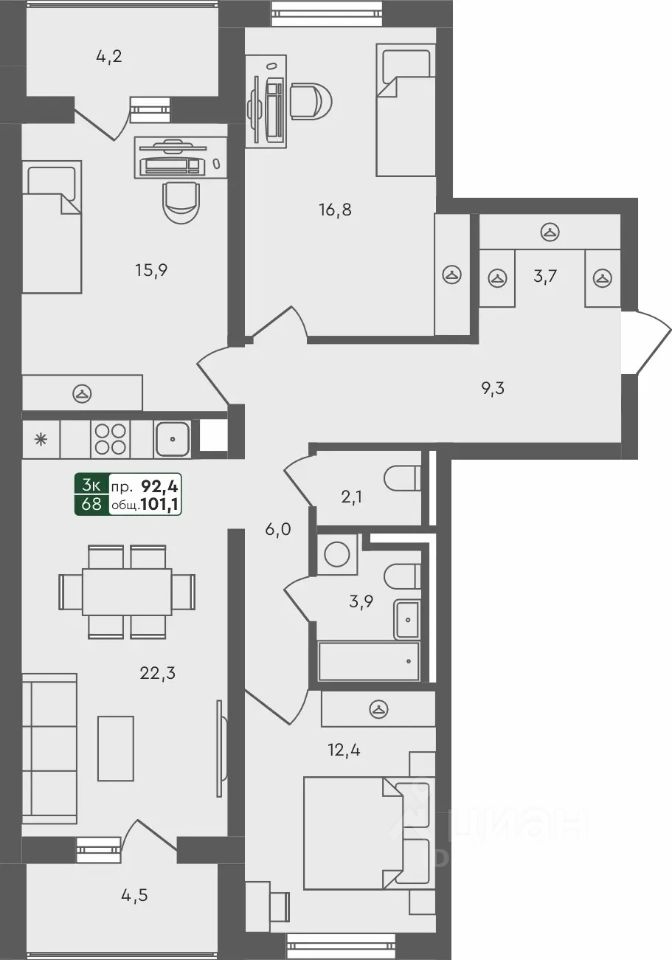 3-комн.кв., 101,1 м², 1/4 этаж