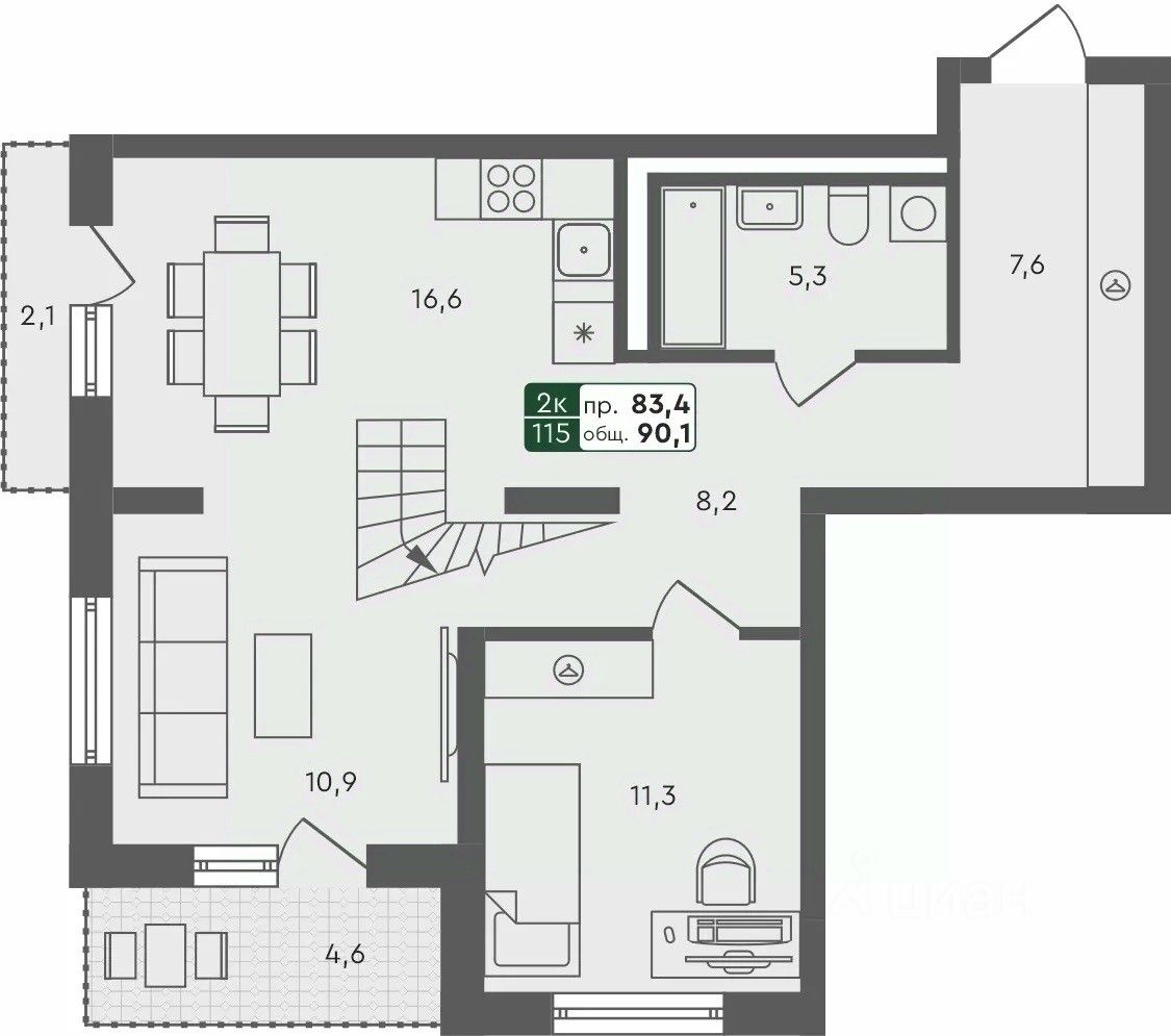 2-комн.кв., 90,1 м², 4/4 этаж