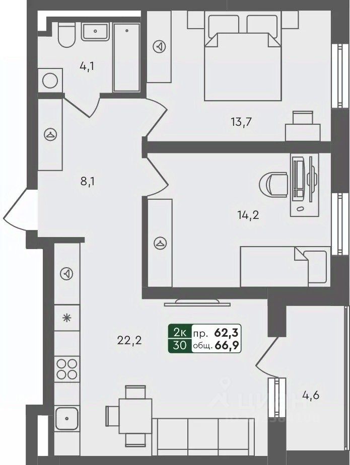 2-комн.кв., 66,9 м², 1/4 этаж
