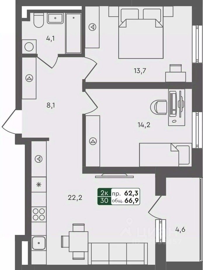 2-комн.кв., 66,9 м², 1/4 этаж