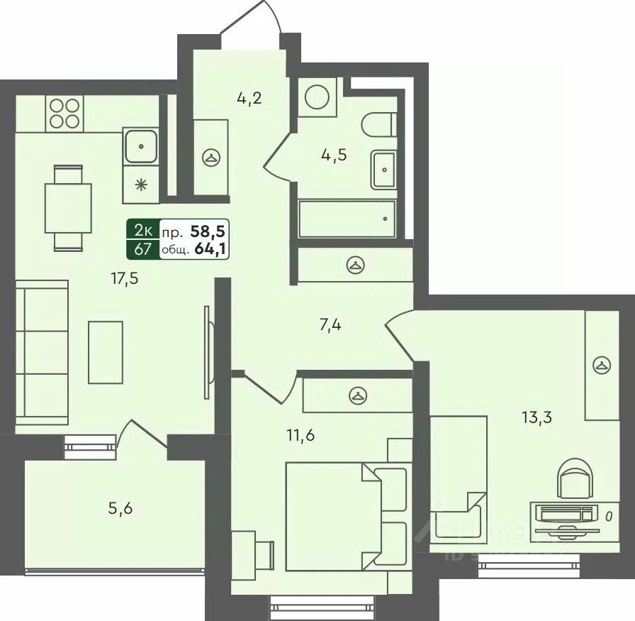2-комн.кв., 64,1 м², 1/4 этаж