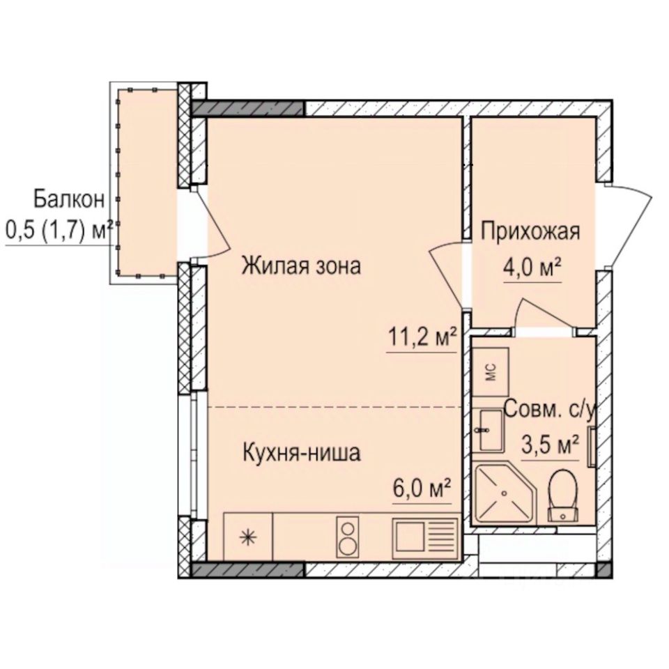Студия, 25,2 м², 7/17 этаж