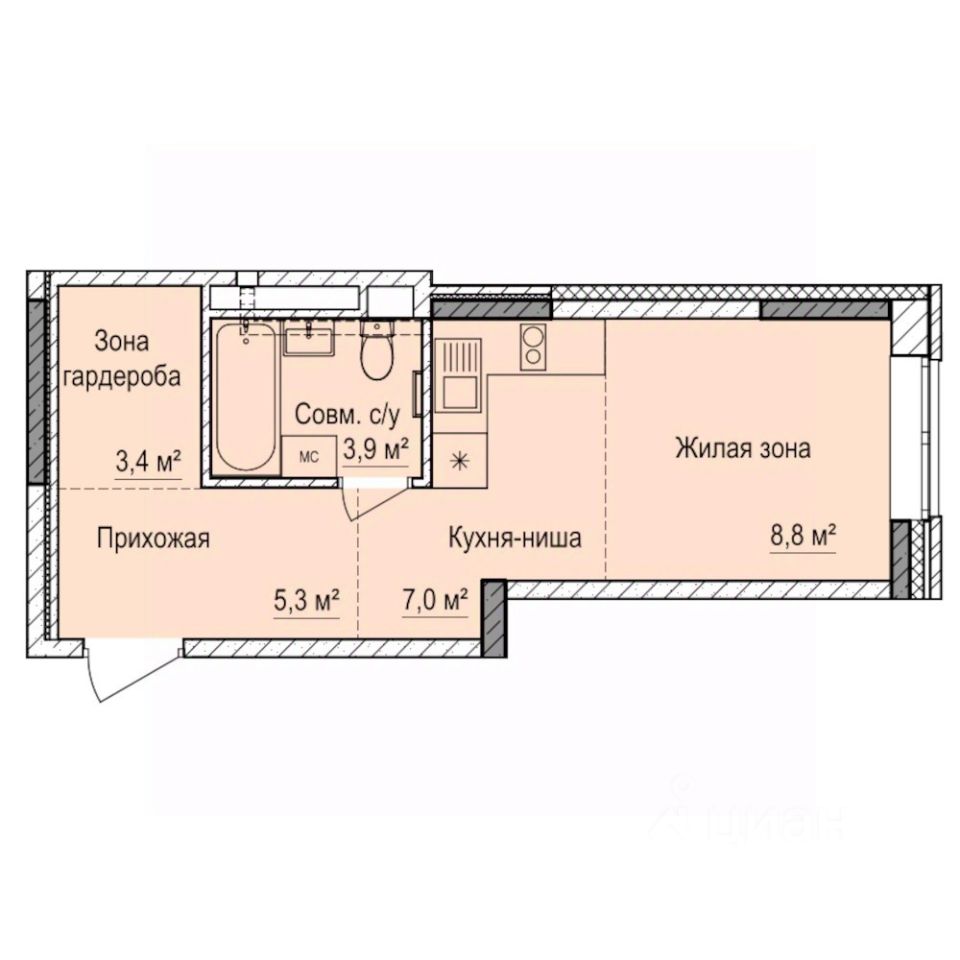 Студия, 28,3 м², 1/17 этаж