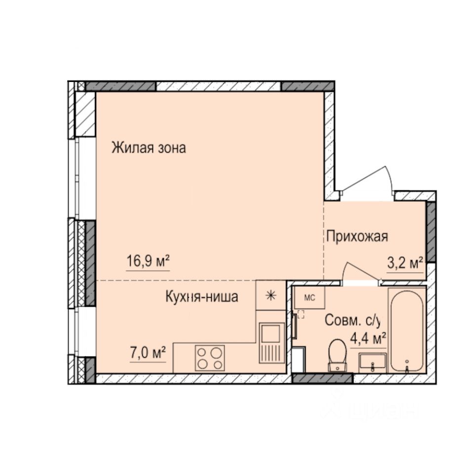 Студия, 31,5 м², 1/17 этаж