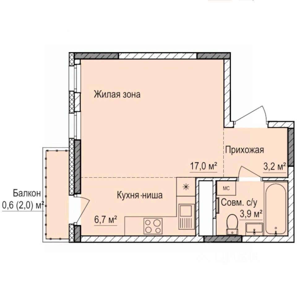 Студия, 31,4 м², 7/17 этаж
