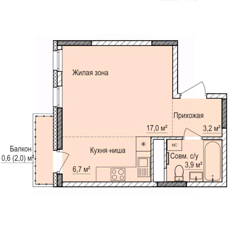 Студия, 31,4 м², 9/17 этаж