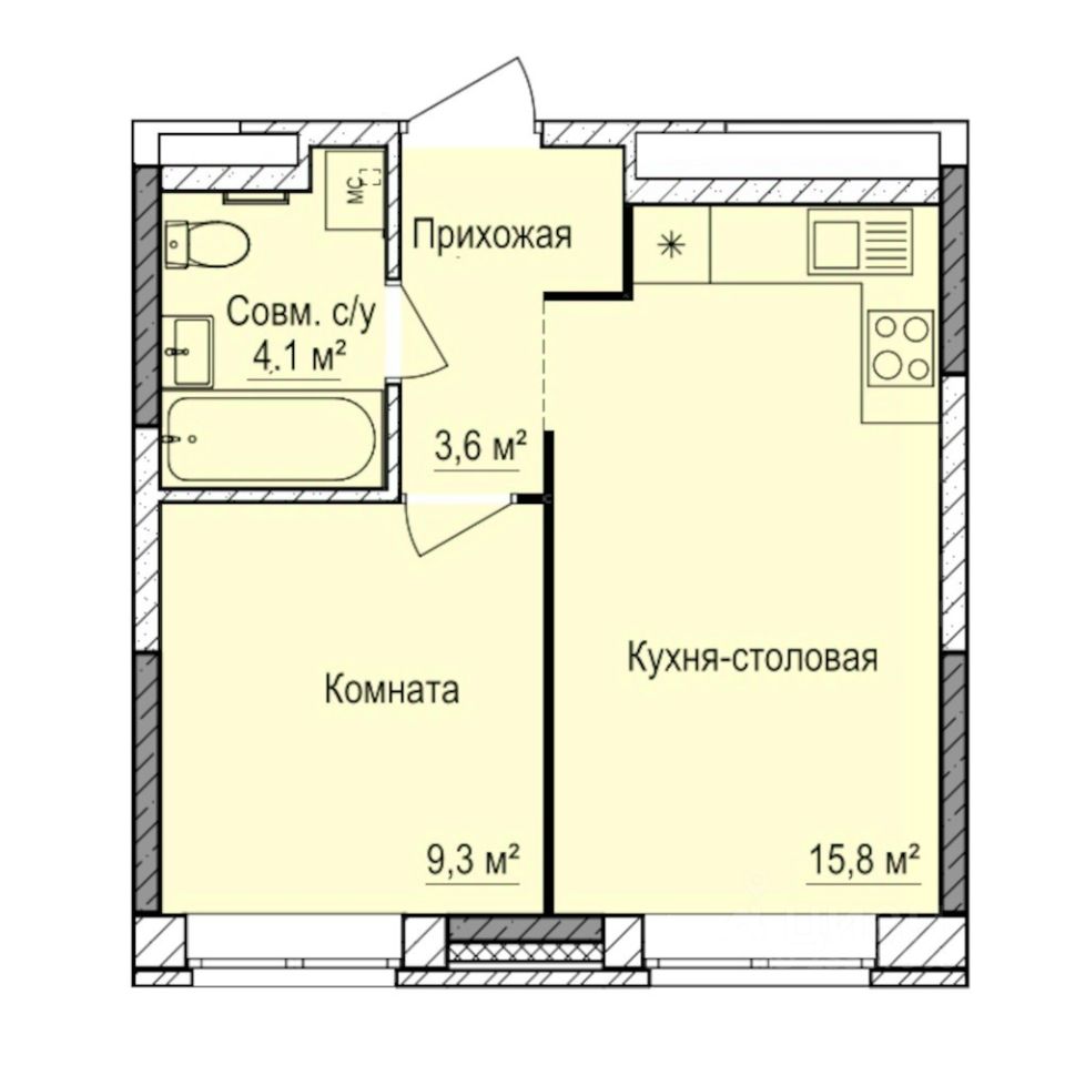 1-комн.кв., 32,8 м², 1/17 этаж