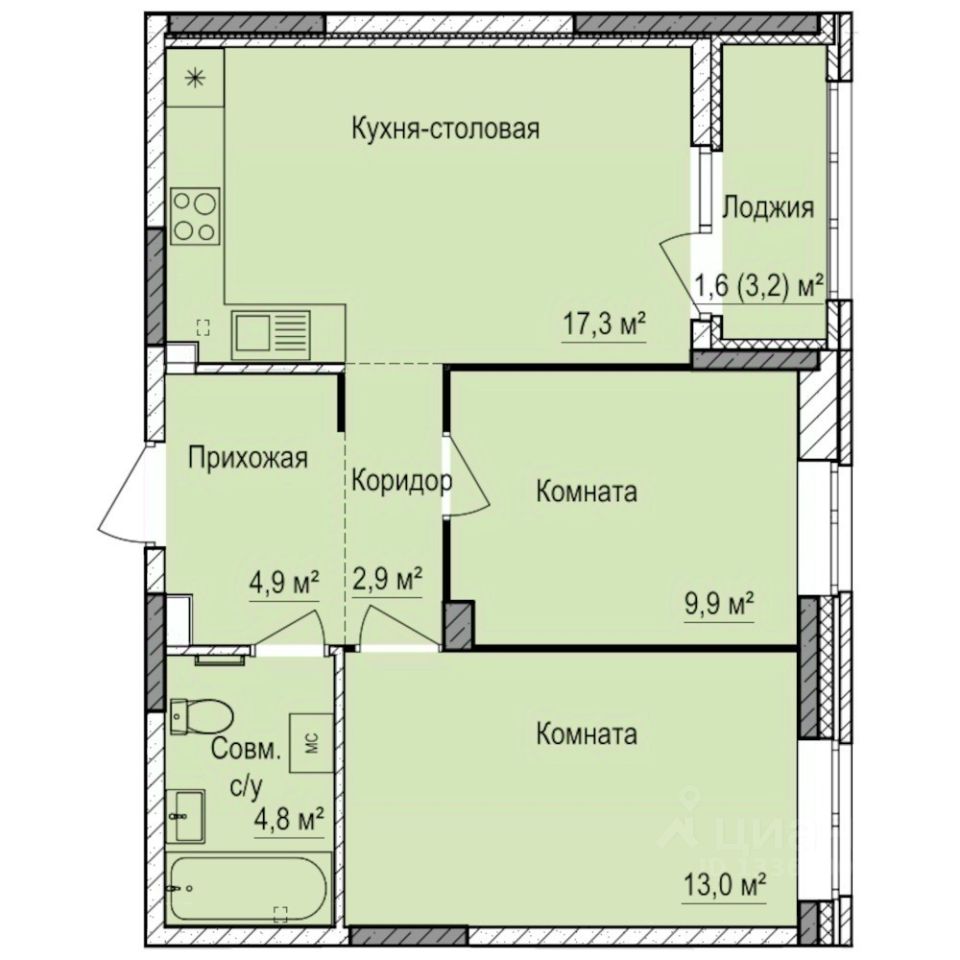 2-комн.кв., 54,4 м², 1/17 этаж