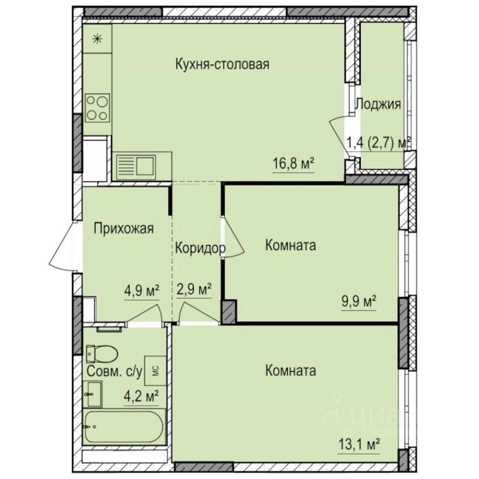 2-комн.кв., 53,2 м², 2/17 этаж