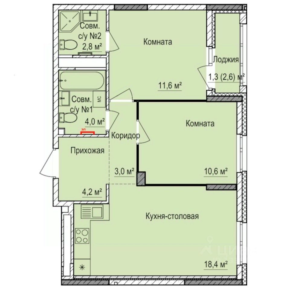 2-комн.кв., 55,9 м², 2/17 этаж