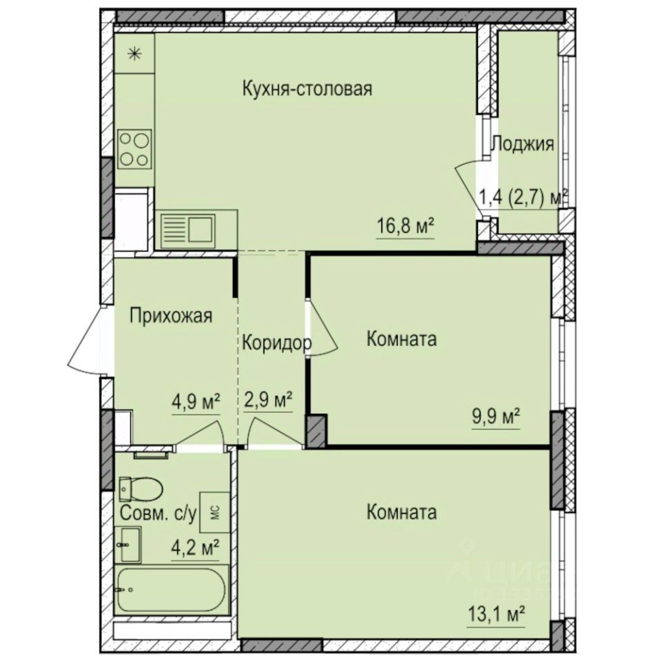 2-комн.кв., 53,2 м², 9/17 этаж