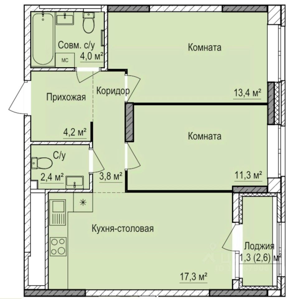 2-комн.кв., 57,7 м², 2/17 этаж