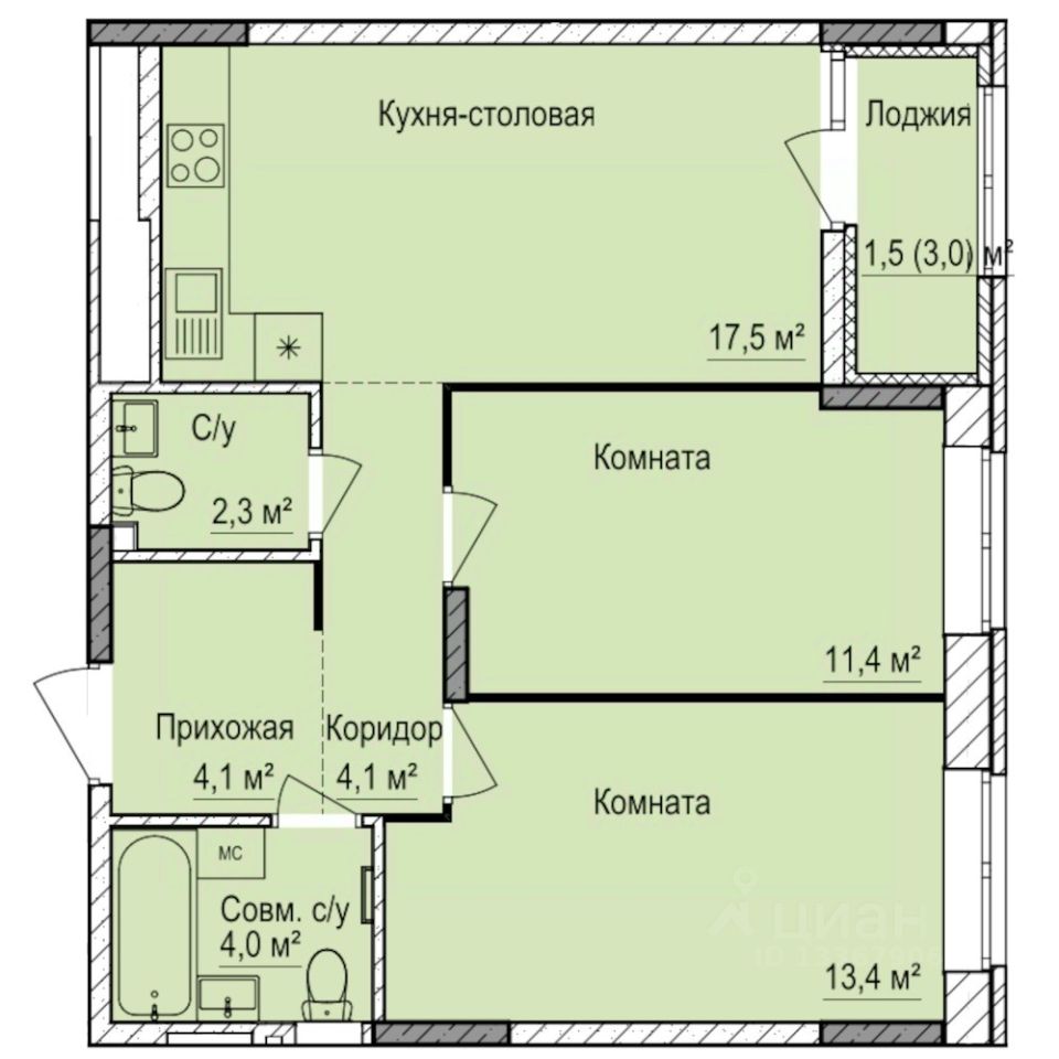 2-комн.кв., 58,3 м², 5/17 этаж
