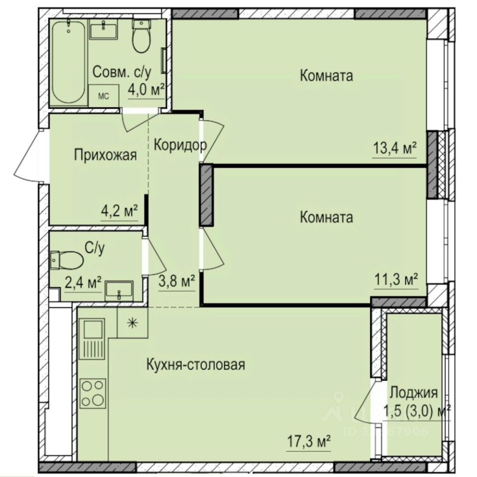 2-комн.кв., 57,9 м², 6/17 этаж