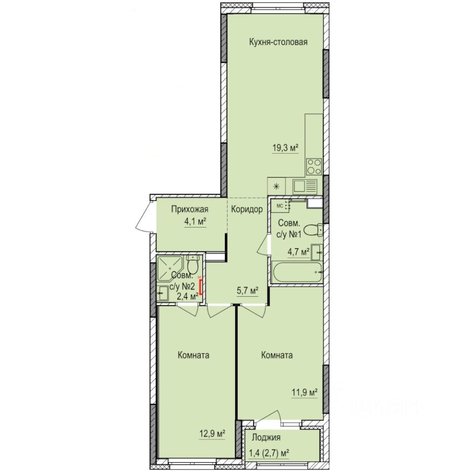 2-комн.кв., 62,4 м², 2/17 этаж