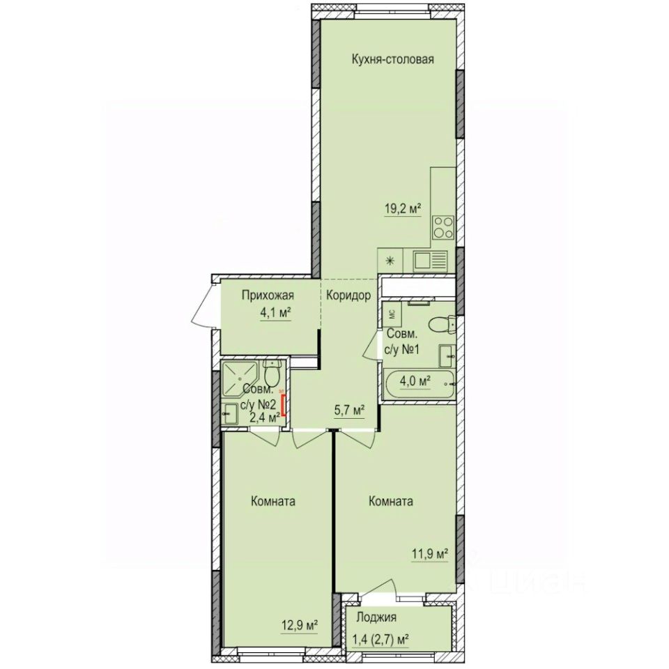 2-комн.кв., 61,6 м², 3/17 этаж