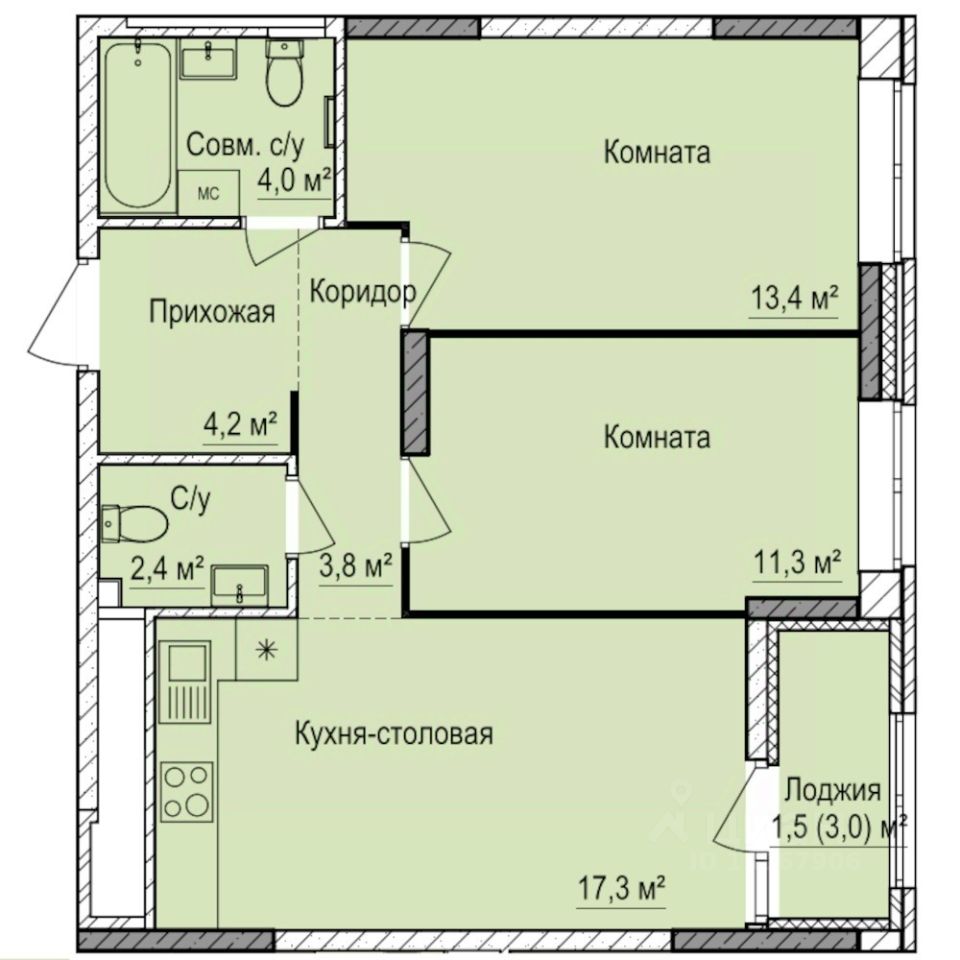 2-комн.кв., 57,9 м², 17/17 этаж