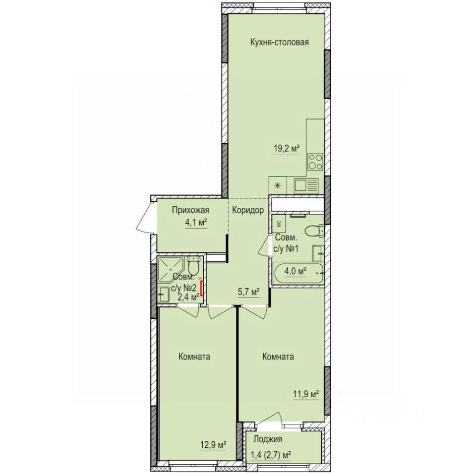 2-комн.кв., 61,6 м², 6/17 этаж
