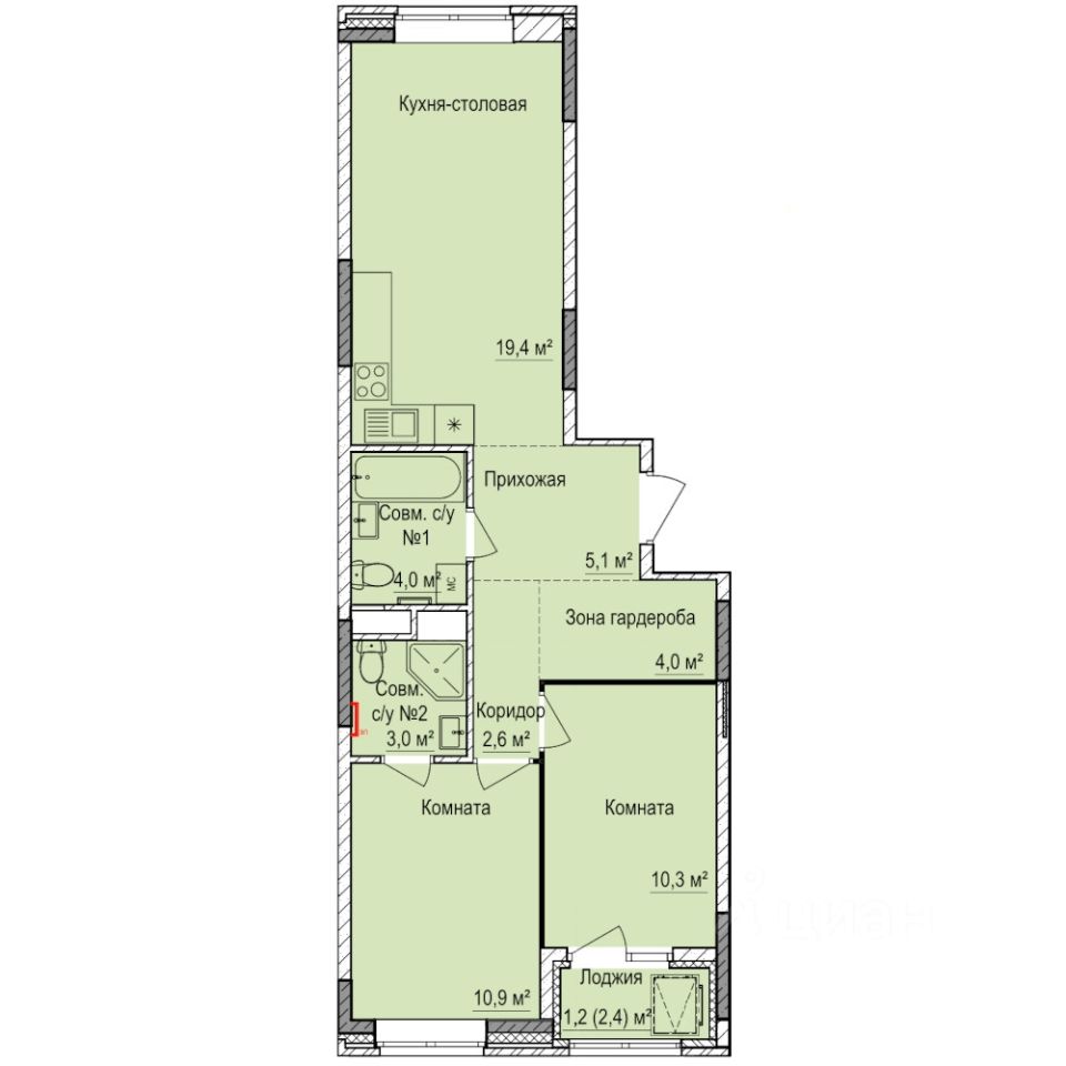 2-комн.кв., 60,4 м², 9/17 этаж