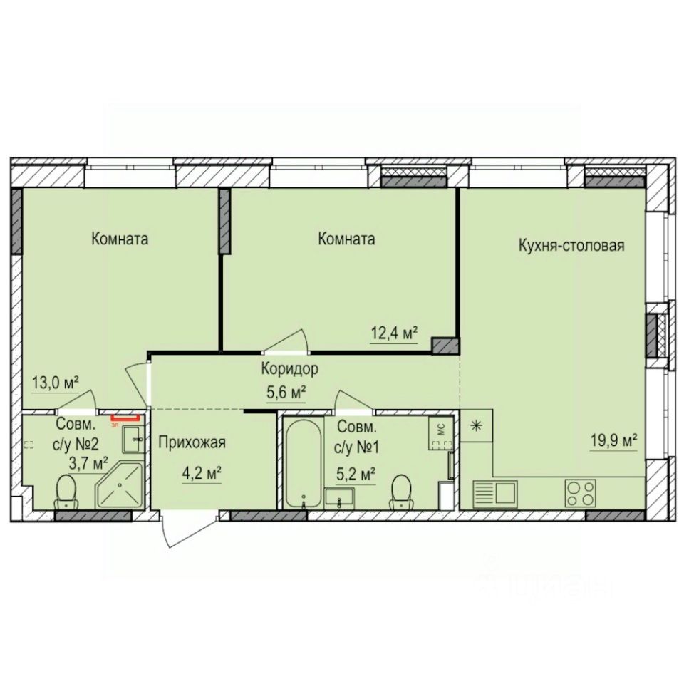 2-комн.кв., 64 м², 2/17 этаж