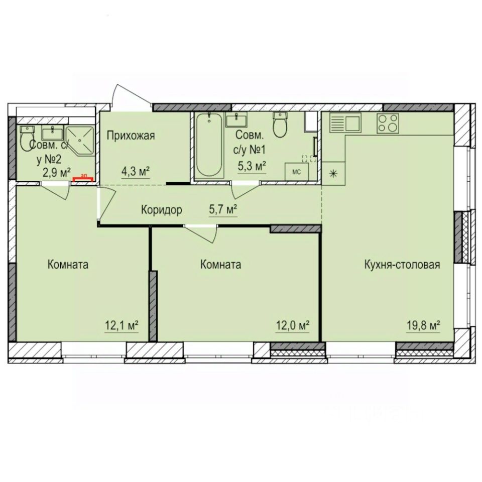 2-комн.кв., 62,1 м², 6/17 этаж