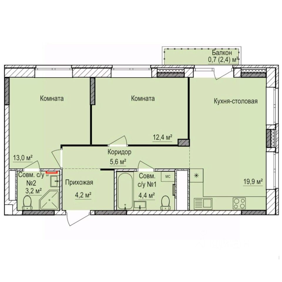 2-комн.кв., 63,4 м², 9/17 этаж