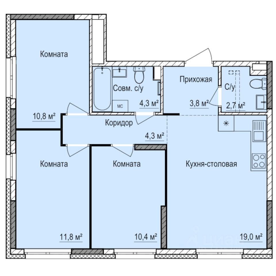 3-комн.кв., 67,1 м², 2/17 этаж