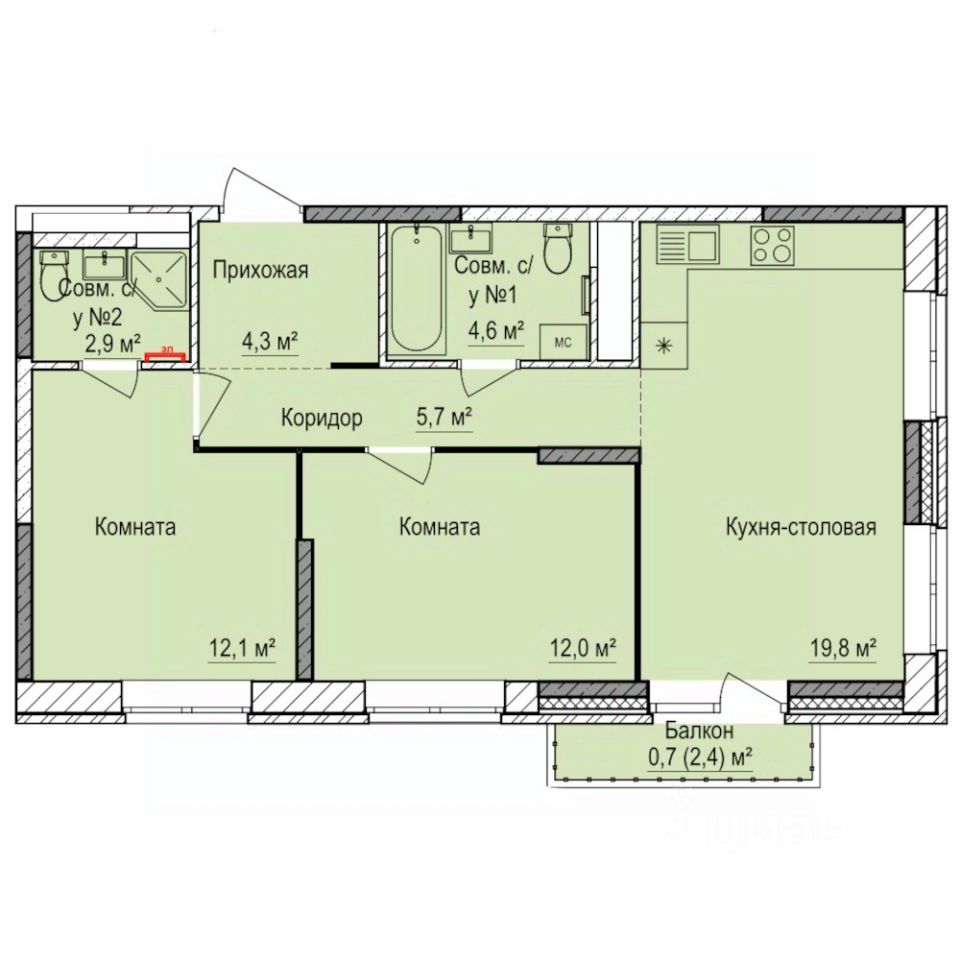 2-комн.кв., 62 м², 17/17 этаж