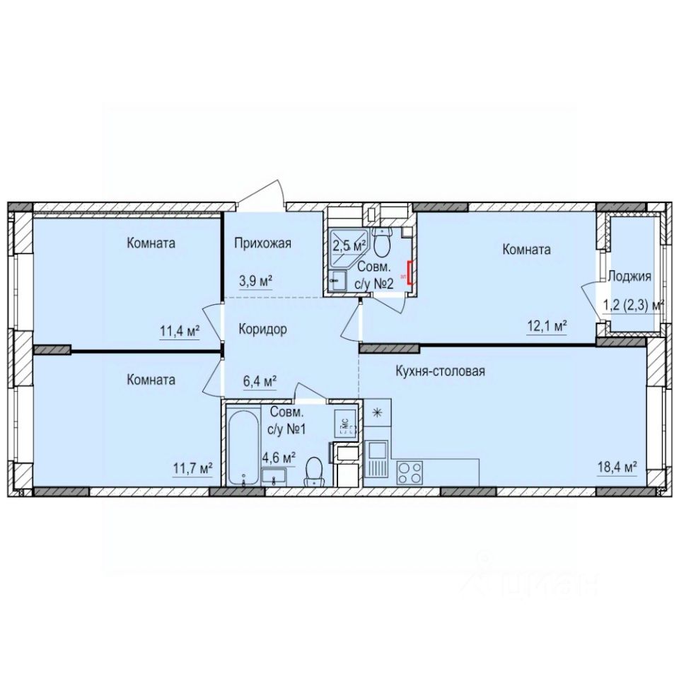 3-комн.кв., 72,2 м², 2/17 этаж