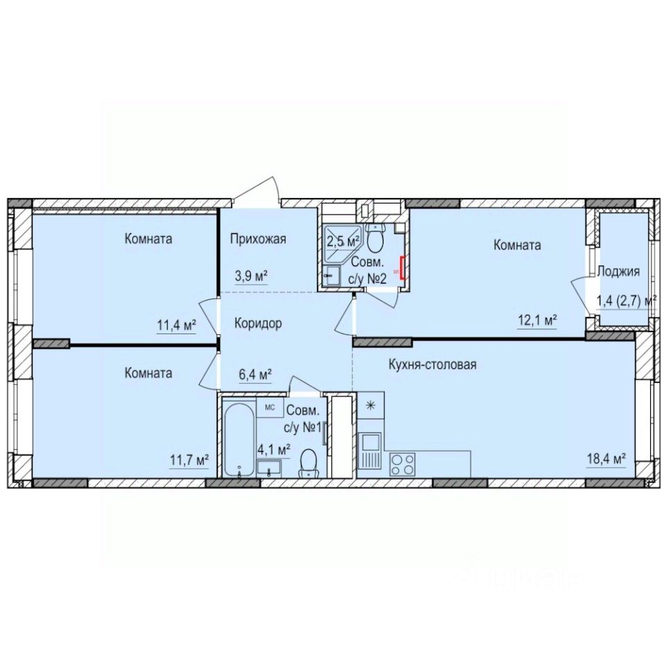 3-комн.кв., 71,9 м², 3/17 этаж