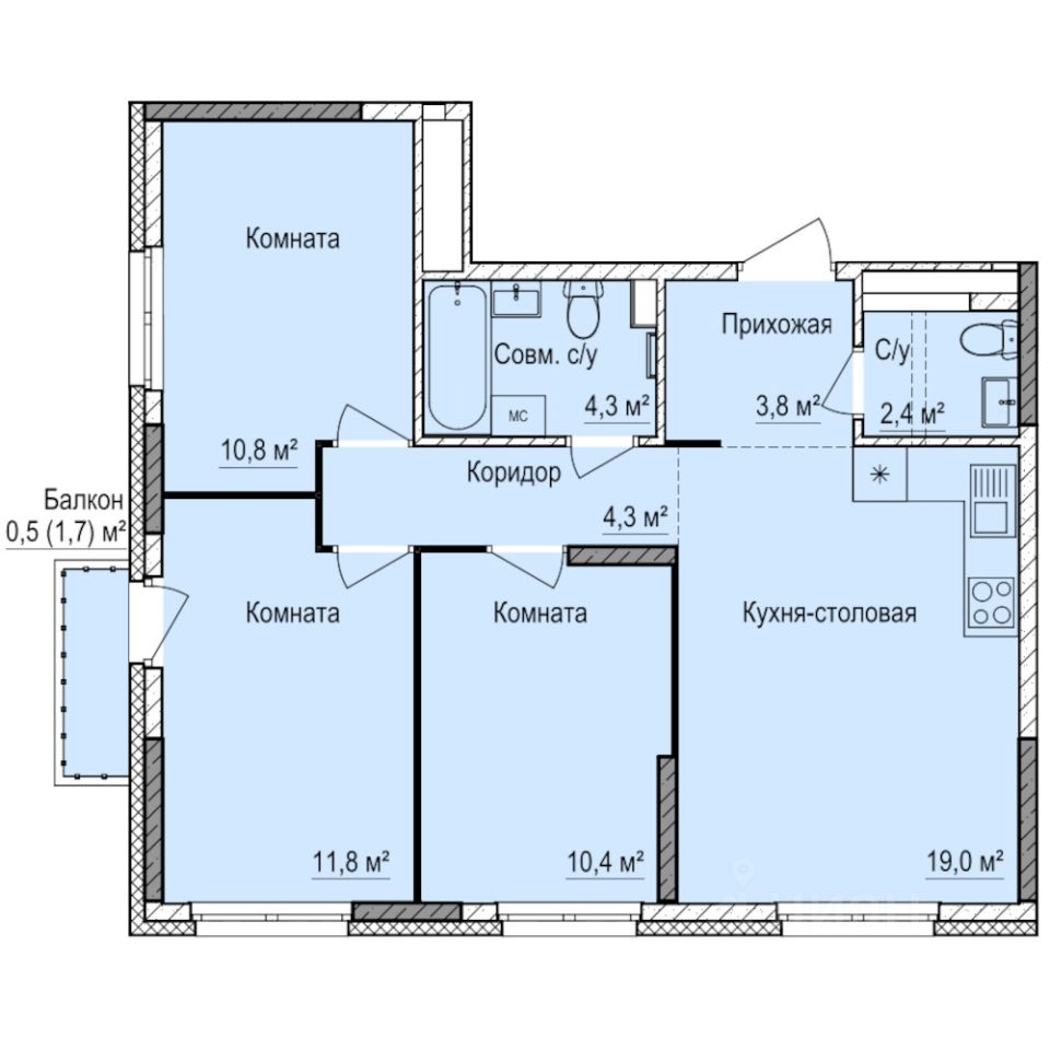 3-комн.кв., 67,2 м², 15/17 этаж