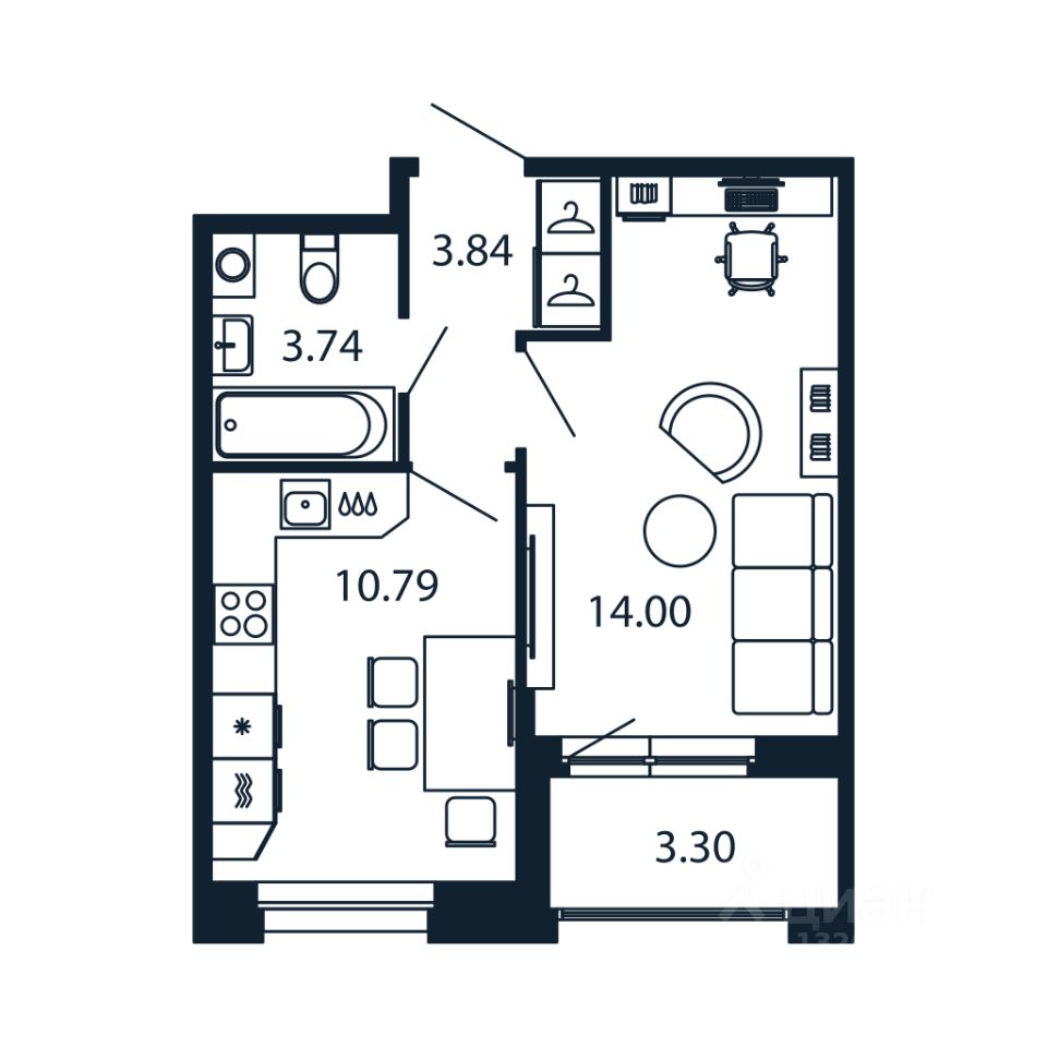 1-комн.кв., 32,1 м², 3/12 этаж