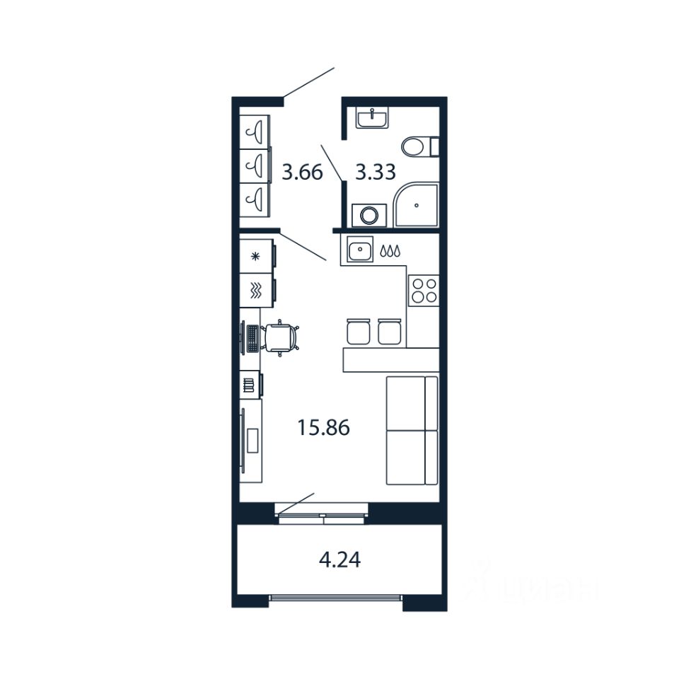 Студия, 22,7 м², 9/12 этаж