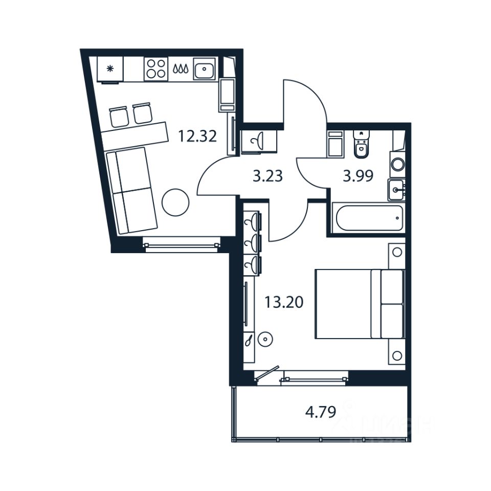 1-комн.кв., 32,3 м², 4/12 этаж