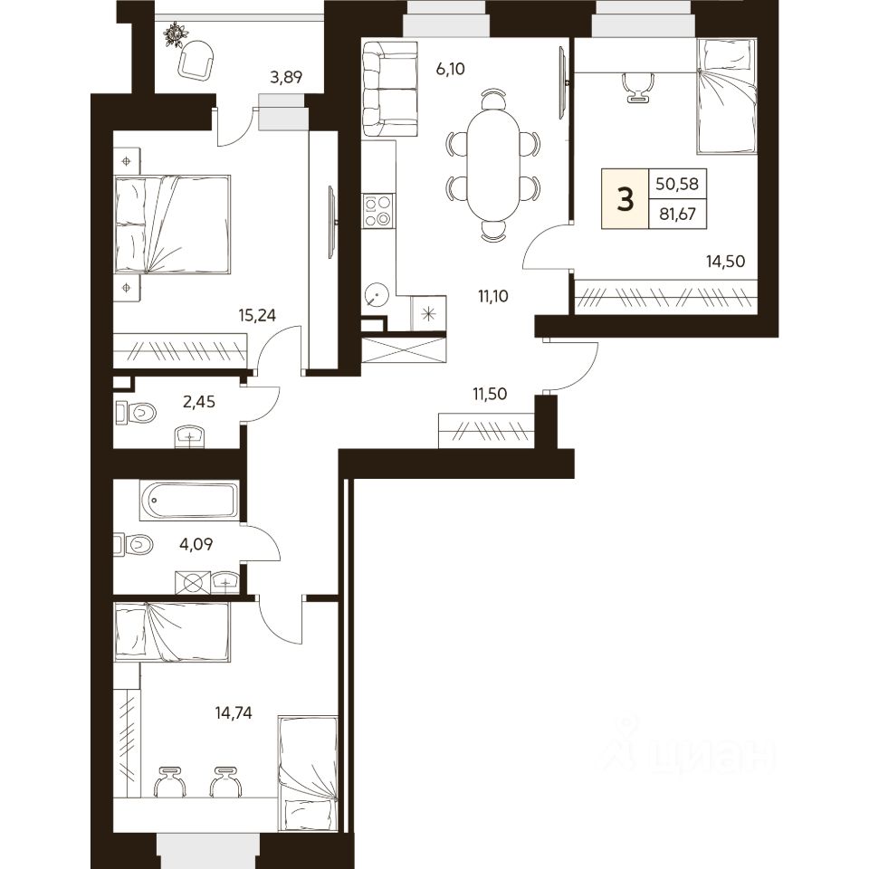 3-комн.кв., 81,7 м², 4/10 этаж