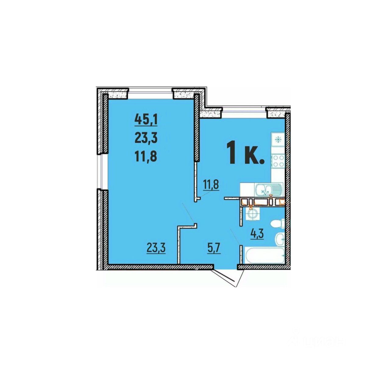 1-комн.кв., 45,1 м², 1/12 этаж