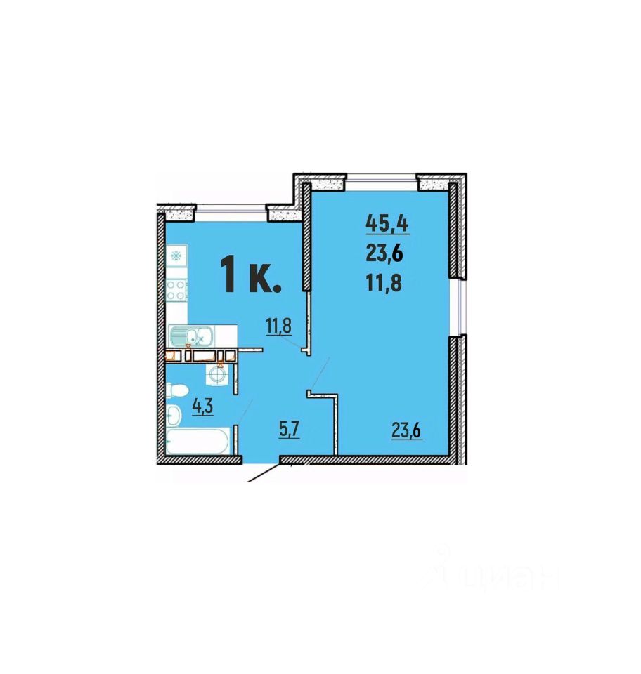 1-комн.кв., 45,4 м², 1/12 этаж