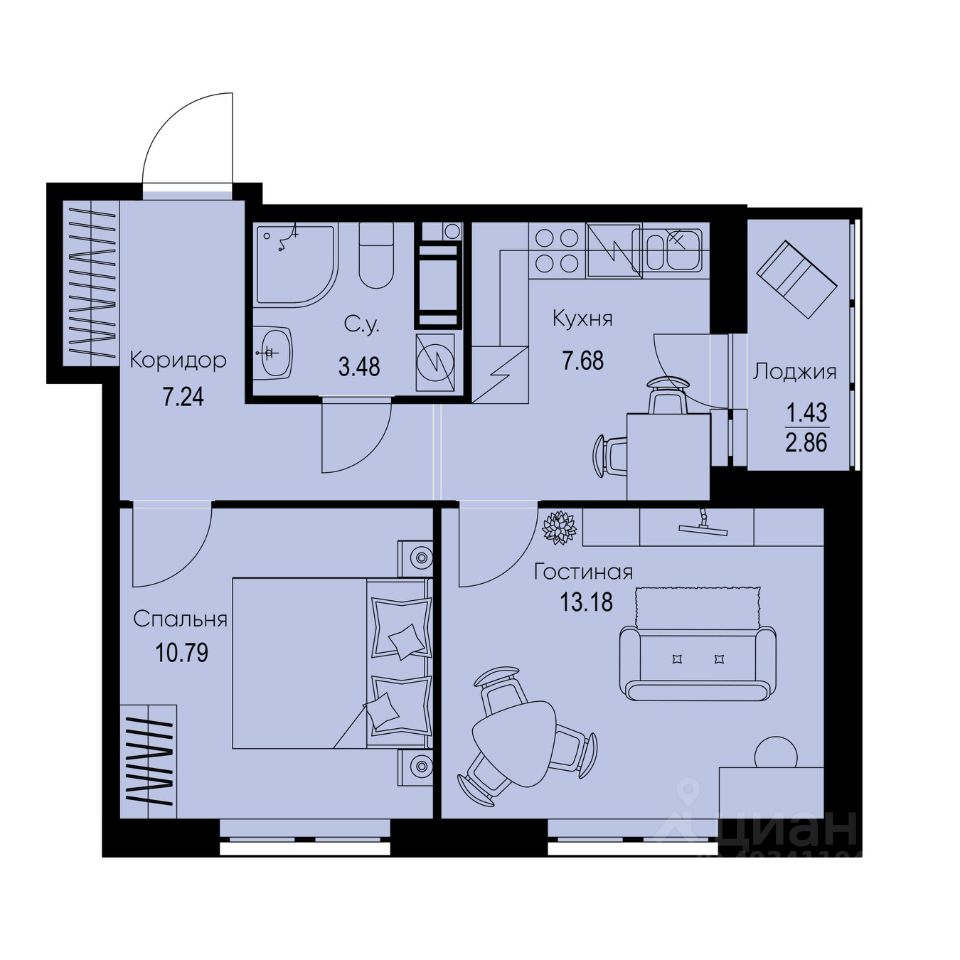 2-комн.кв., 43,8 м², 8/9 этаж