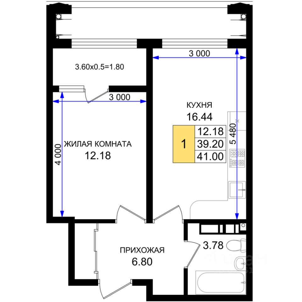 1-комн.кв., 41 м², 3/8 этаж