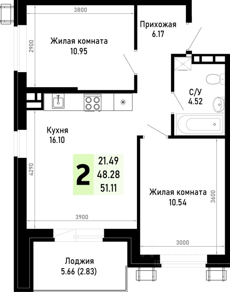 2-комн.кв., 51,1 м², 3/4 этаж